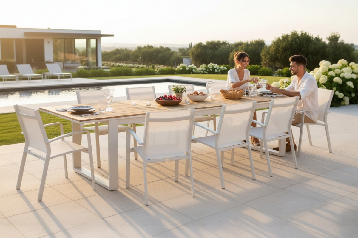 Como extendable aluminum and teak outdoor dining table – shown outdoors
