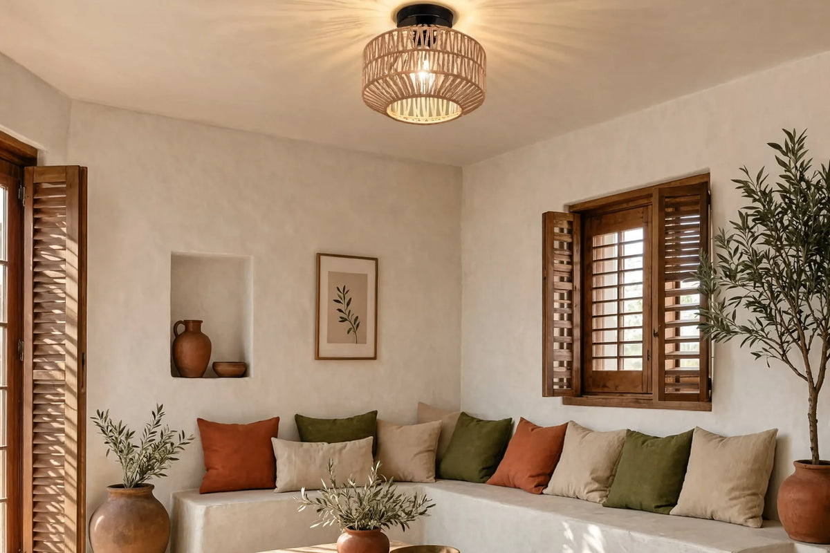 Lindos braided rope semi-flush ceiling light on a black steel frame – shown in a living room
