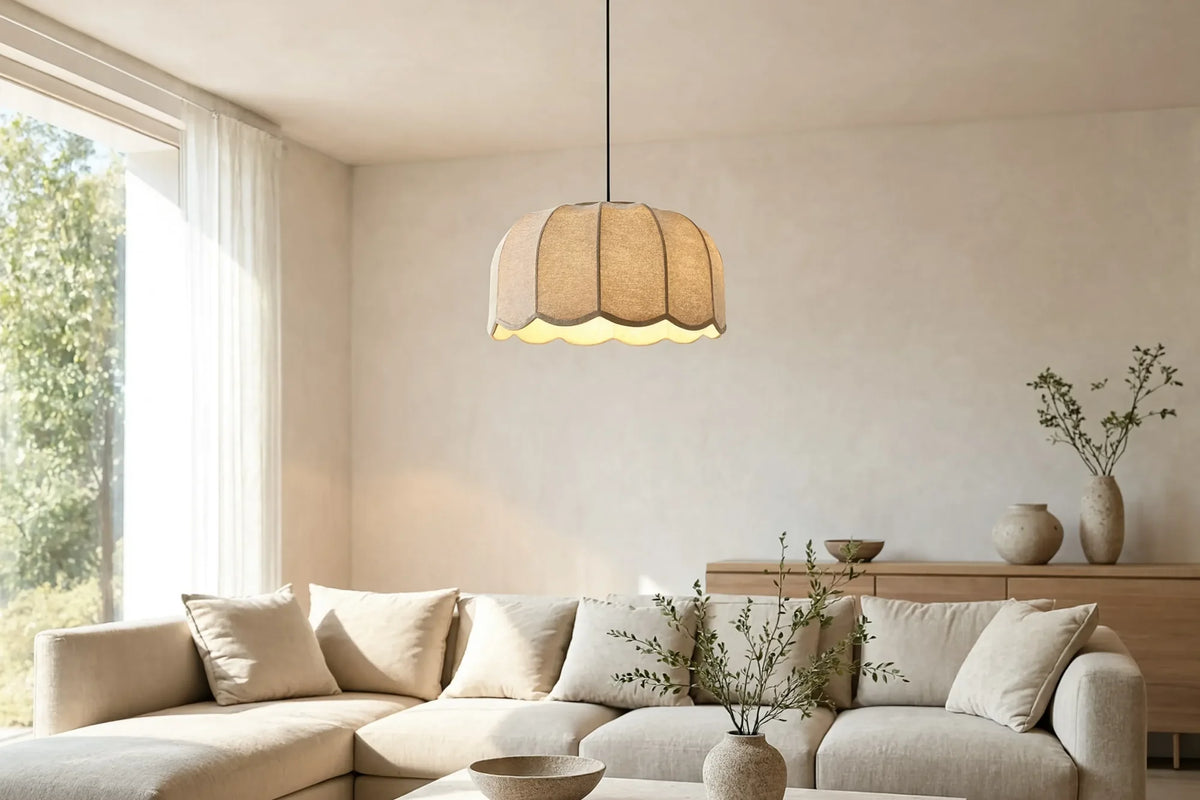Ischia scalloped ecru fabric pendant light – shown in a living room