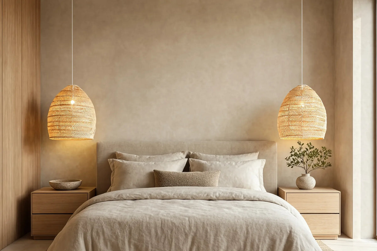Skopelos open-weave rattan bell pendant light – shown in a bedroom