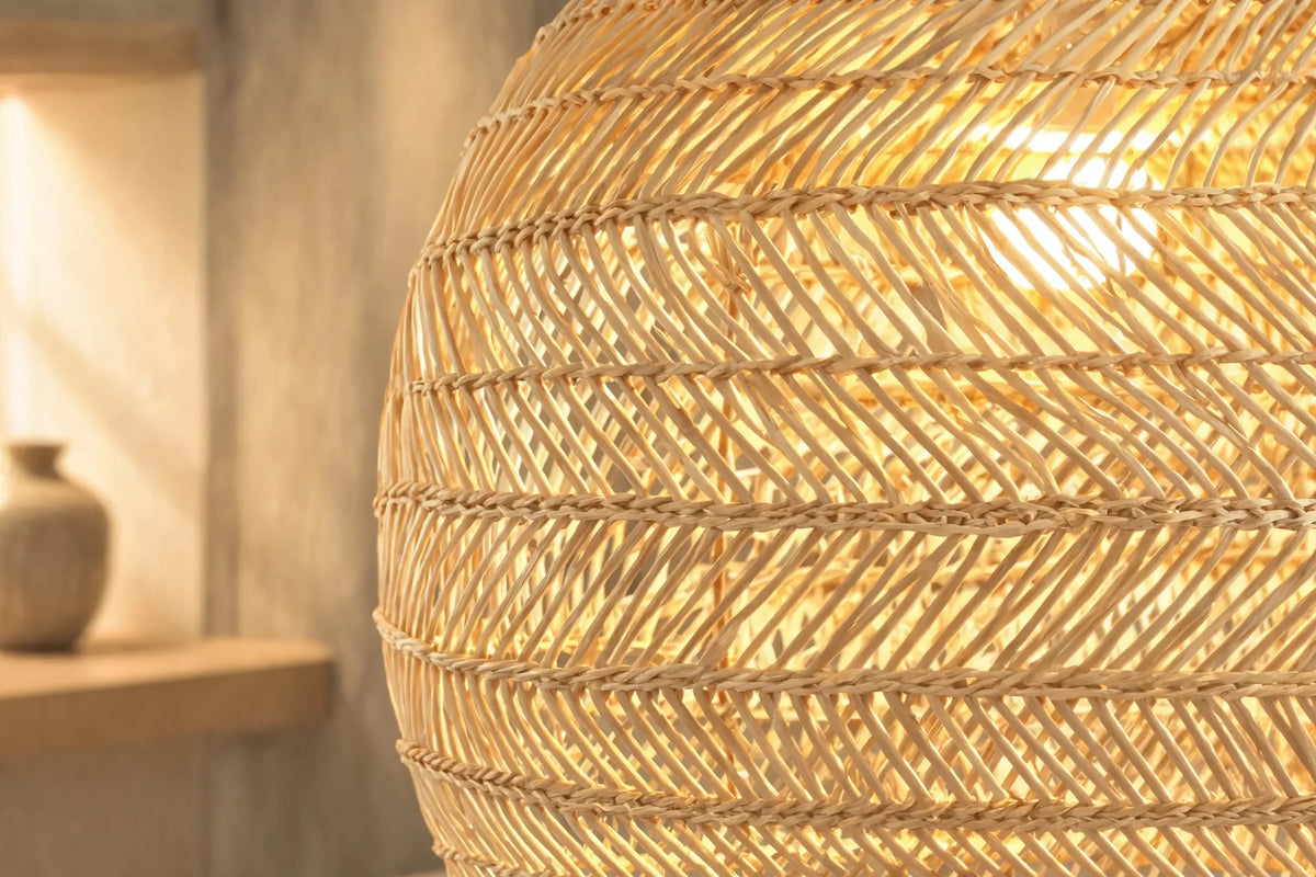 Skopelos open-weave rattan bell pendant light – close-up detail