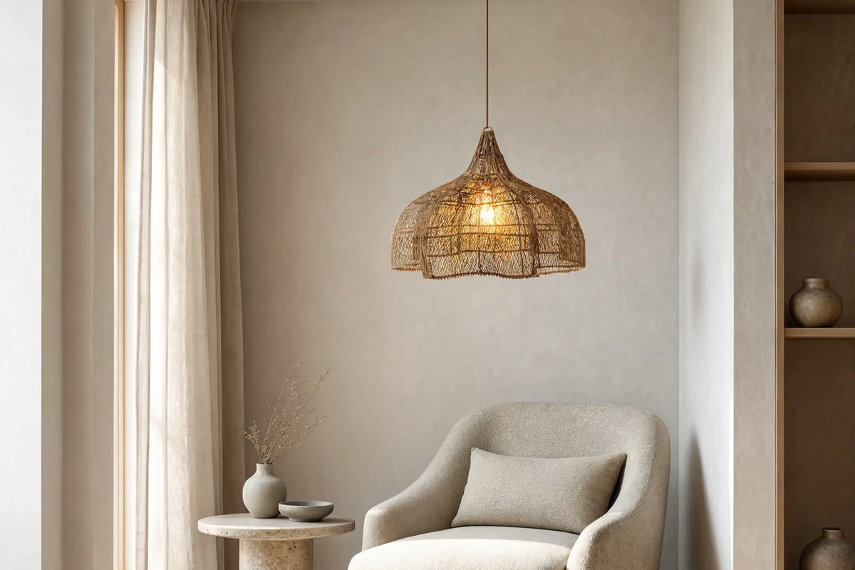 Taormine handwoven scalloped rattan pendant light – shown in a room setting