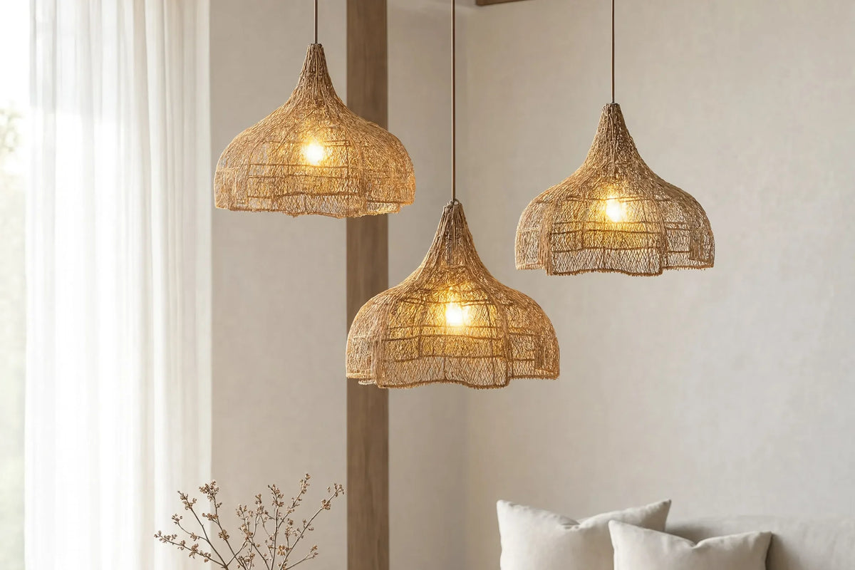 Taormine handwoven scalloped rattan pendant light – shown in a living room