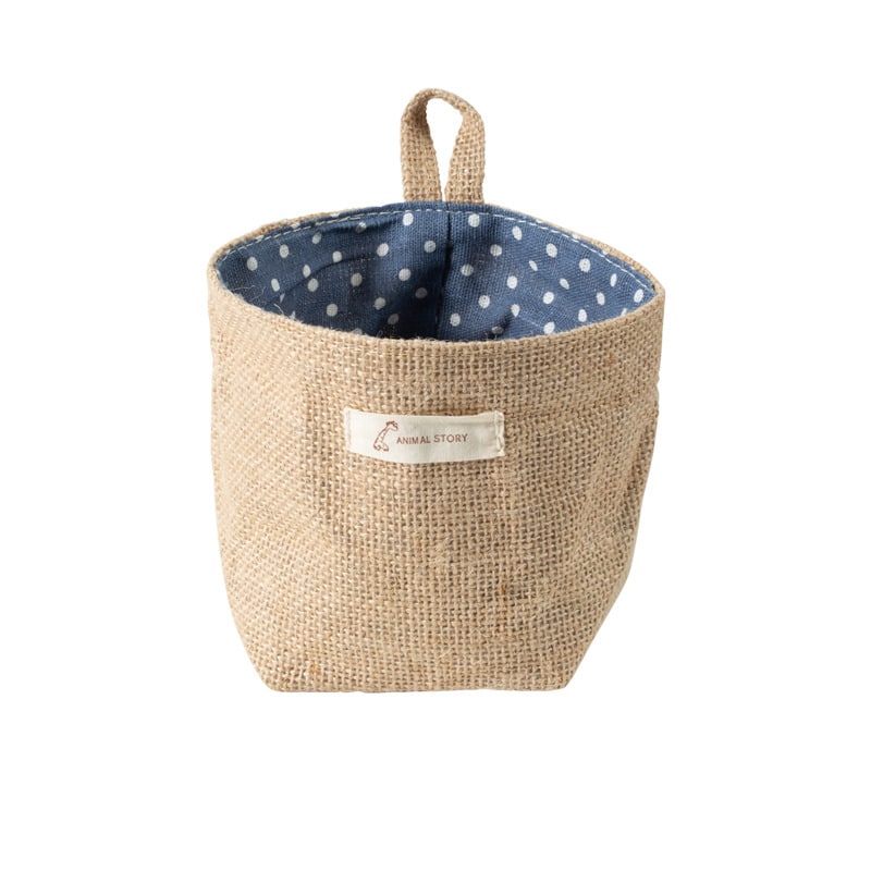 Woven hanging wall storage basket shaped like a bag – blue variant, another view