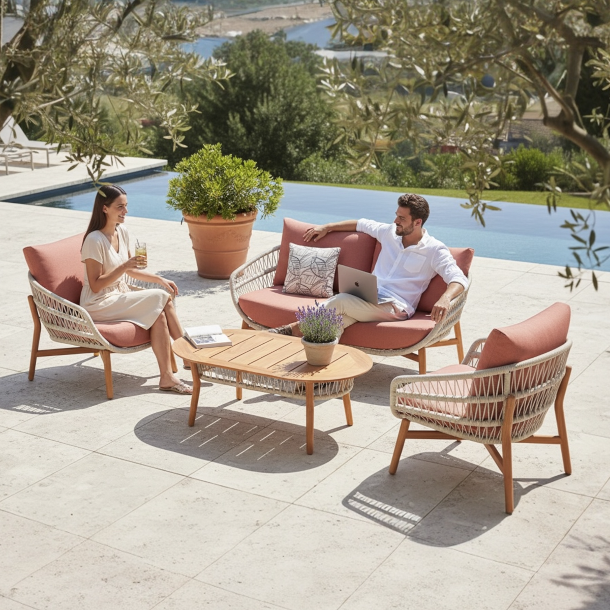 Rose Mini teak and rope loveseat set with powder pink cushions – shown outdoors (3)