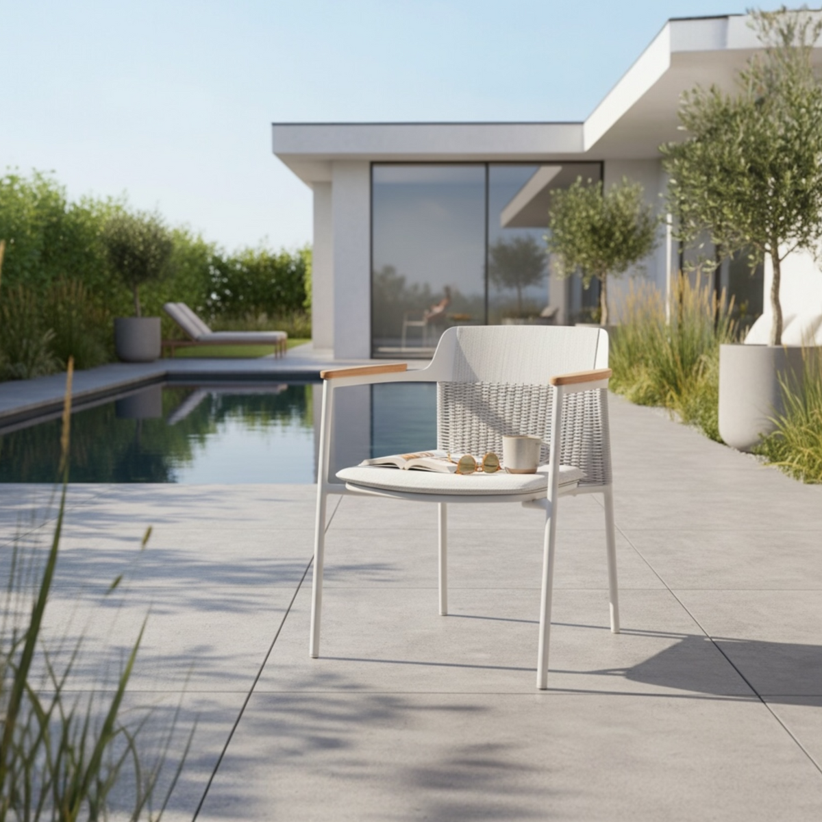 Julia beige stackable patio dining chair with rope back – shown outdoors