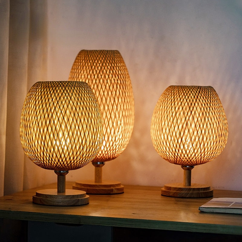Handwoven natural rattan table lamp – multiple views