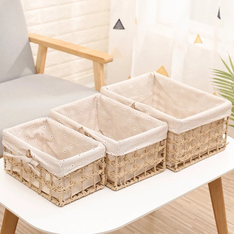 Round handmade woven rattan storage basket – shown in a room setting (3)