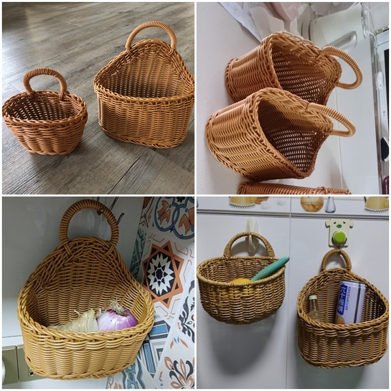 Woven natural rattan storage basket with a sturdy handle – multiple views