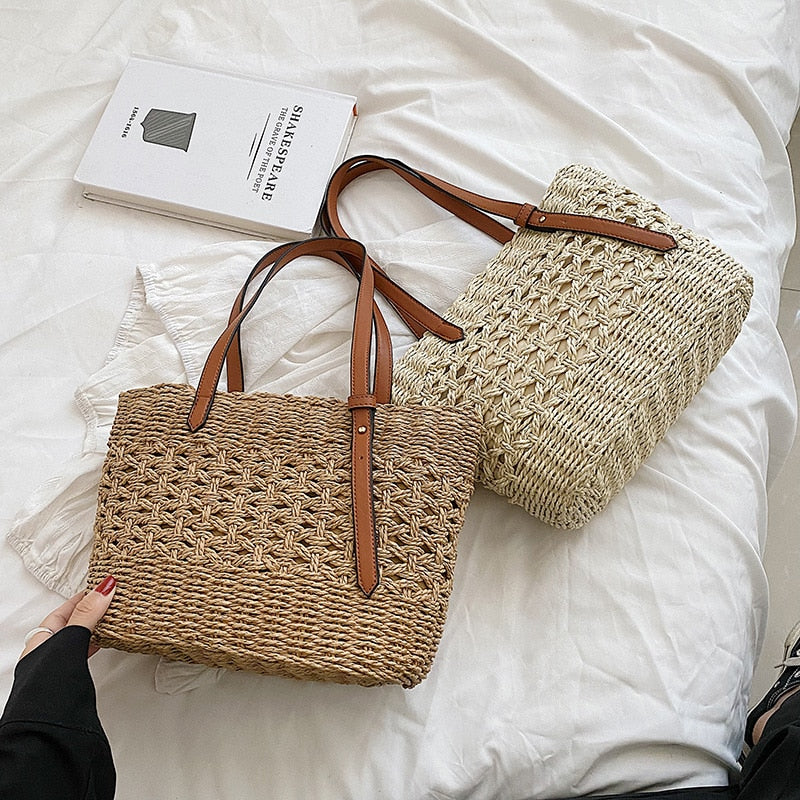 Structured handwoven straw handbag – shown in a room setting