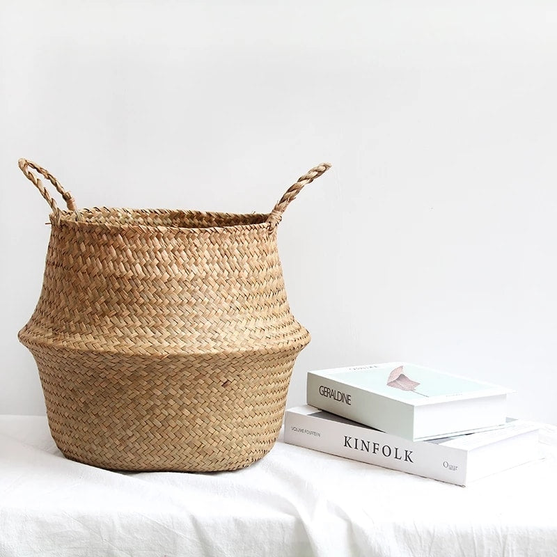 Wicker basket with symmetrical handwoven handles