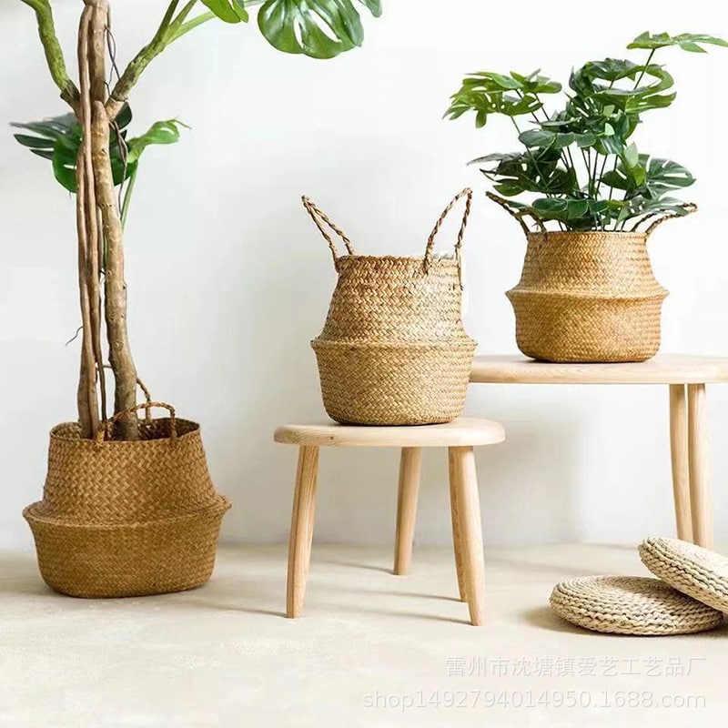 Wicker basket with symmetrical handwoven handles – shown in a room setting (3)