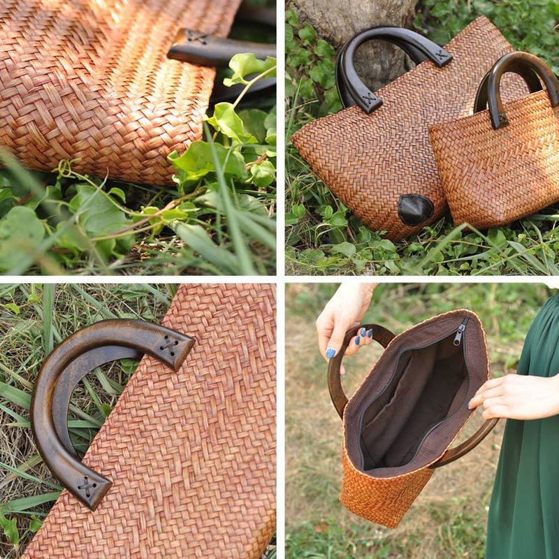 Elegant rattan tote with polished wooden handles – multiple views