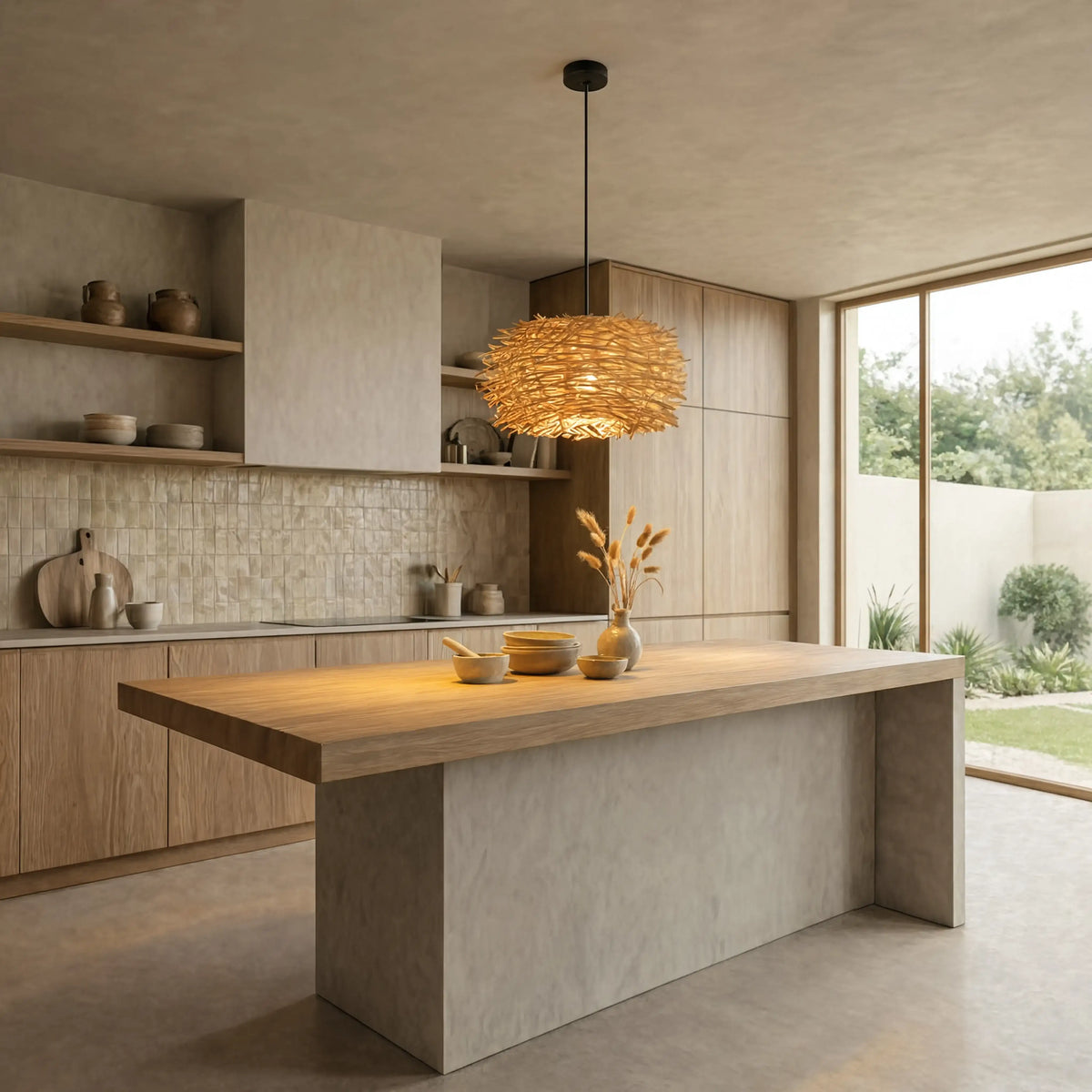 Aléria woven rattan nest pendant light – shown in a kitchen
