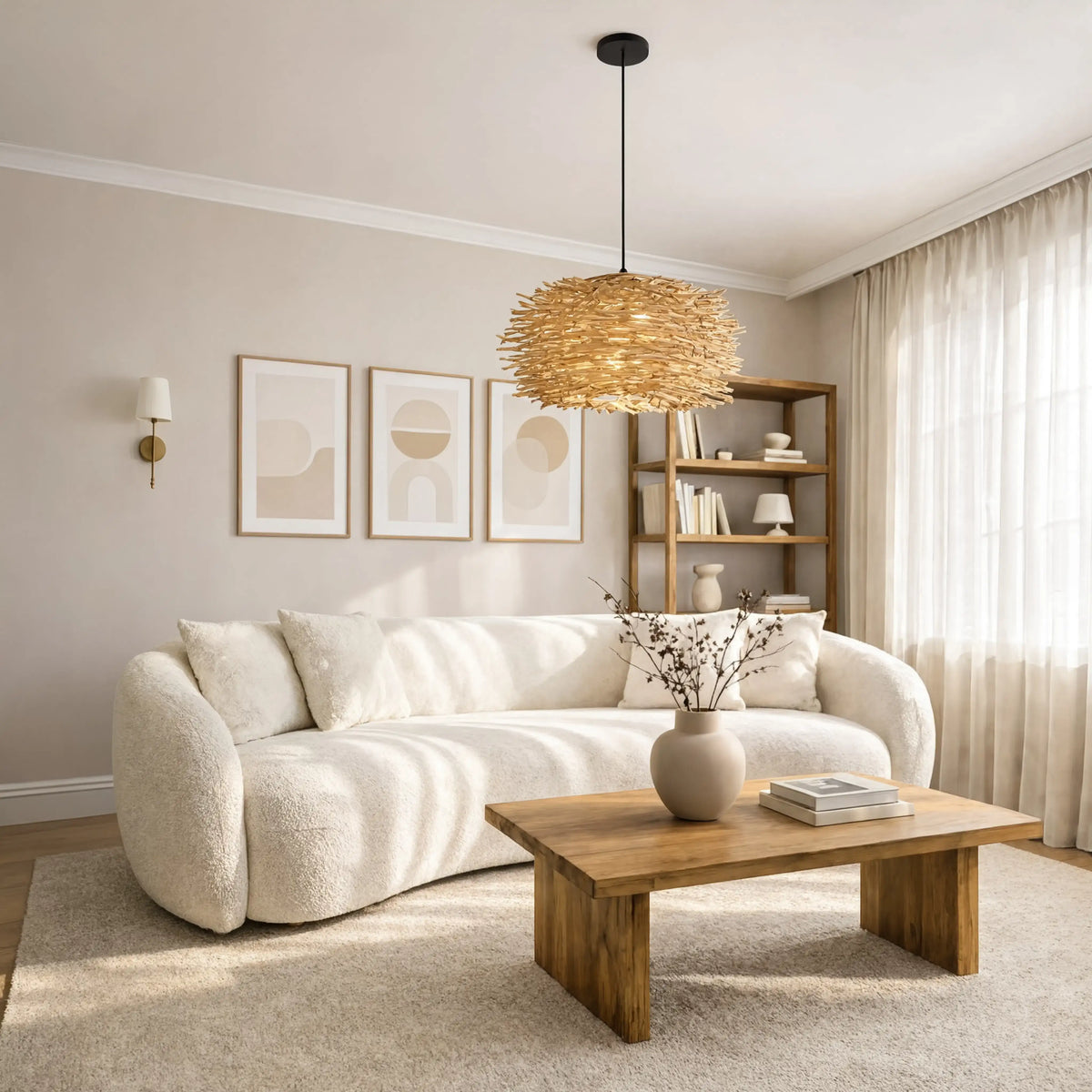 Aléria woven rattan nest pendant light – shown in a living room