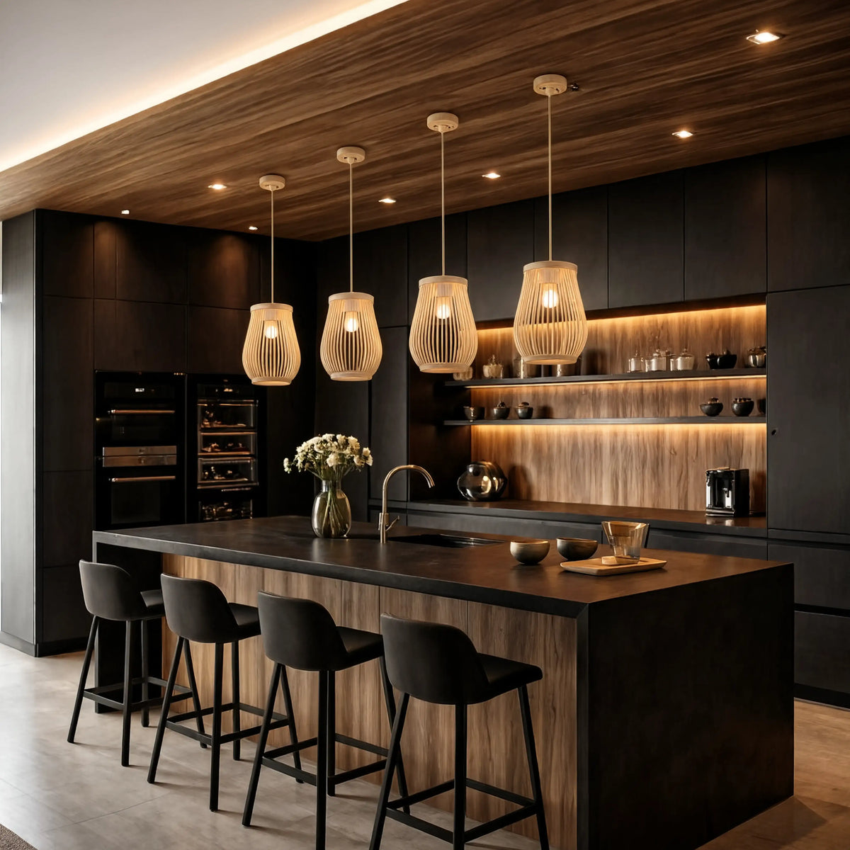 Anafi rattan amphora pendant light – shown in a kitchen