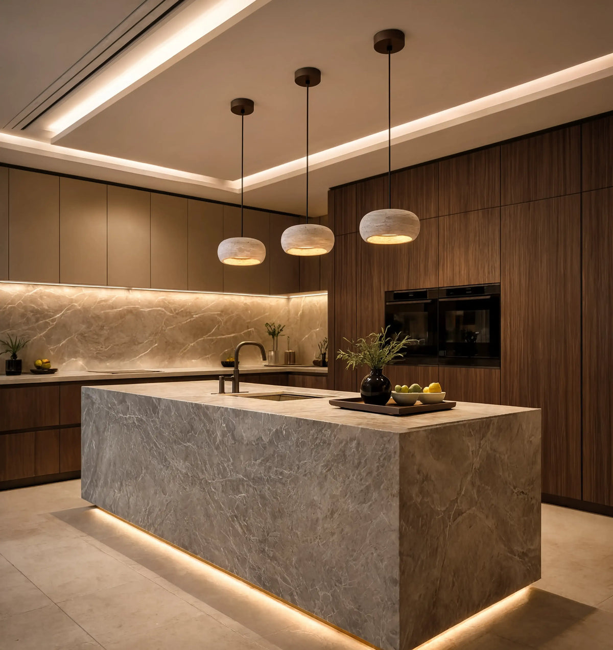 Claros travertine ring pendant light – shown in a kitchen