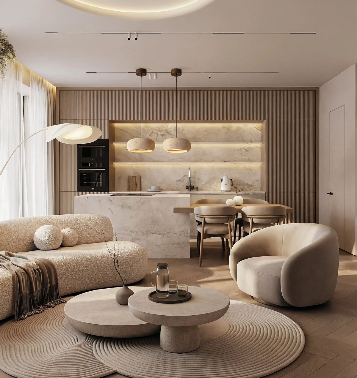 Claros travertine ring pendant light – shown in a living room (2)