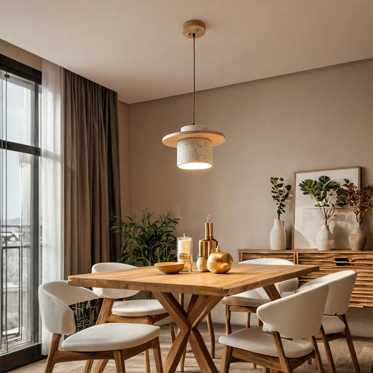Colophon travertine and wood pendant light – shown in a dining room (2)