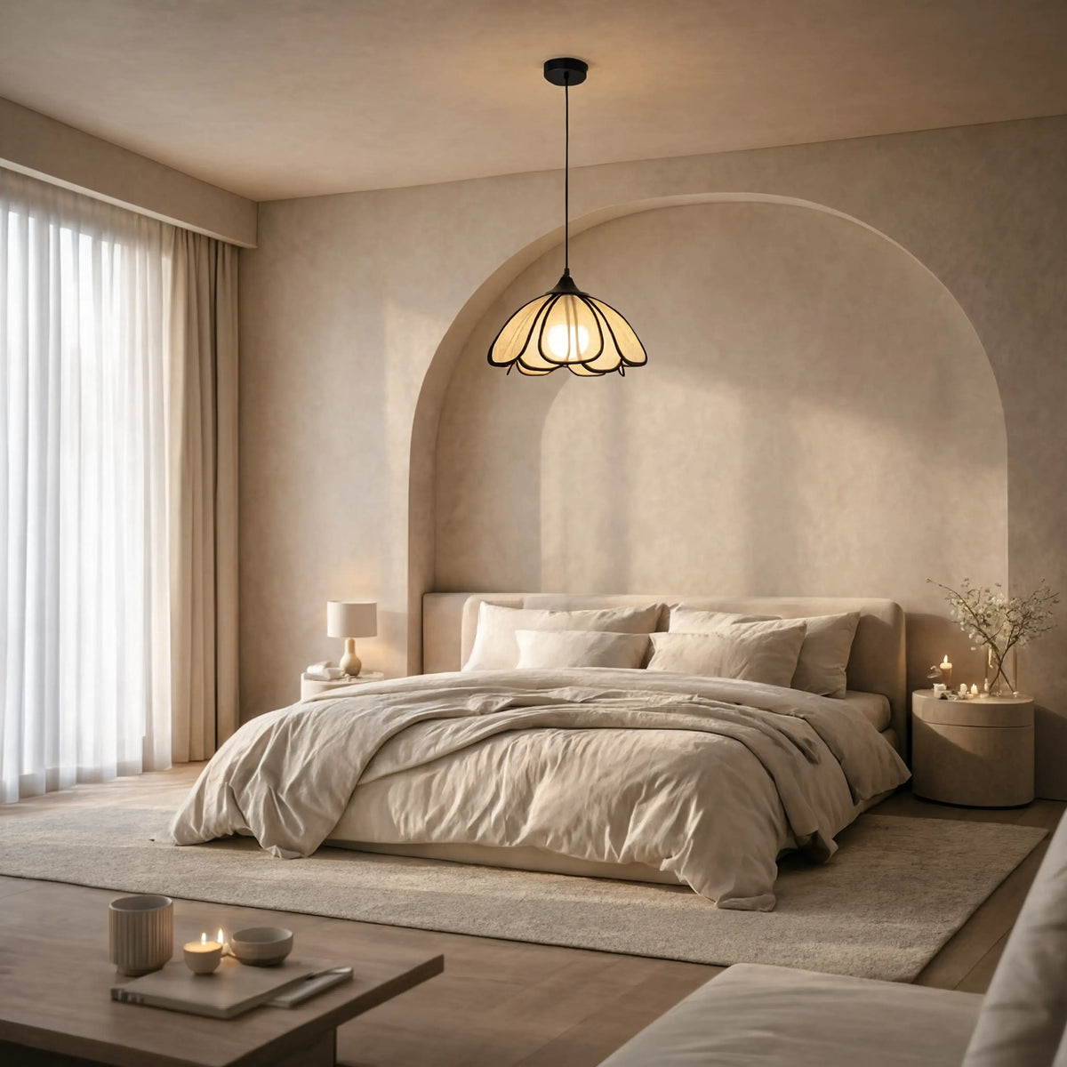 Coré abaca flower pendant light – shown in a bedroom (3)
