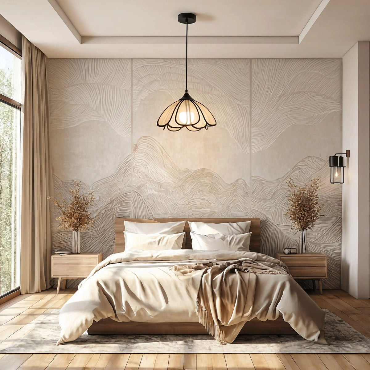 Coré abaca flower pendant light – shown in a bedroom (6)