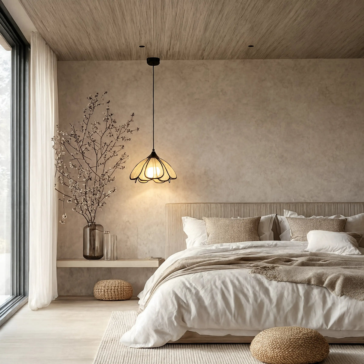 Coré abaca flower pendant light – shown in a room setting (2)