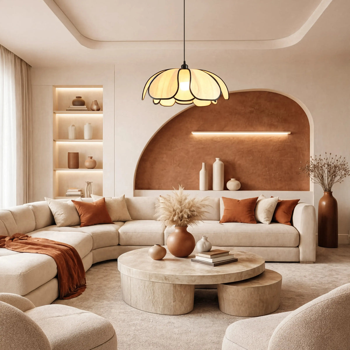 Hesperia large abaca flower pendant light – shown in a living room
