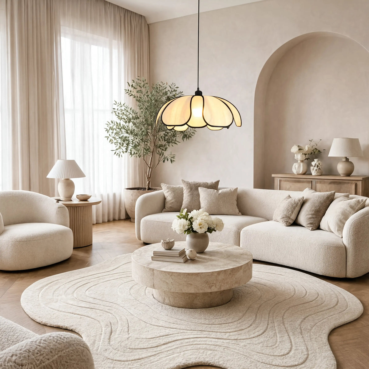 Hesperia large abaca flower pendant light – shown in a room setting