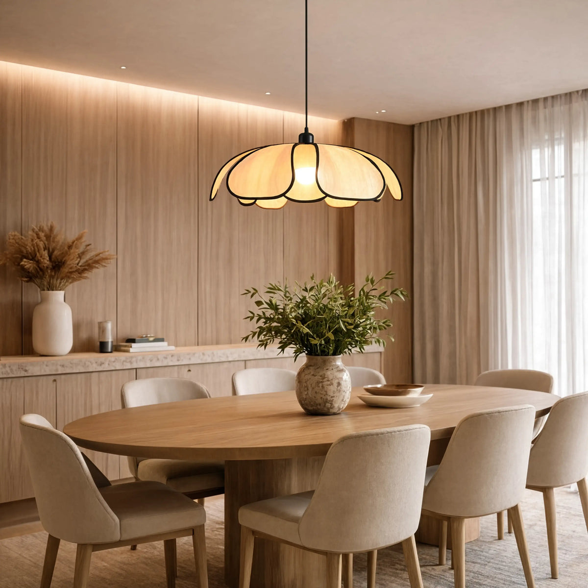 Hesperia large abaca flower pendant light – shown in a room setting (2)