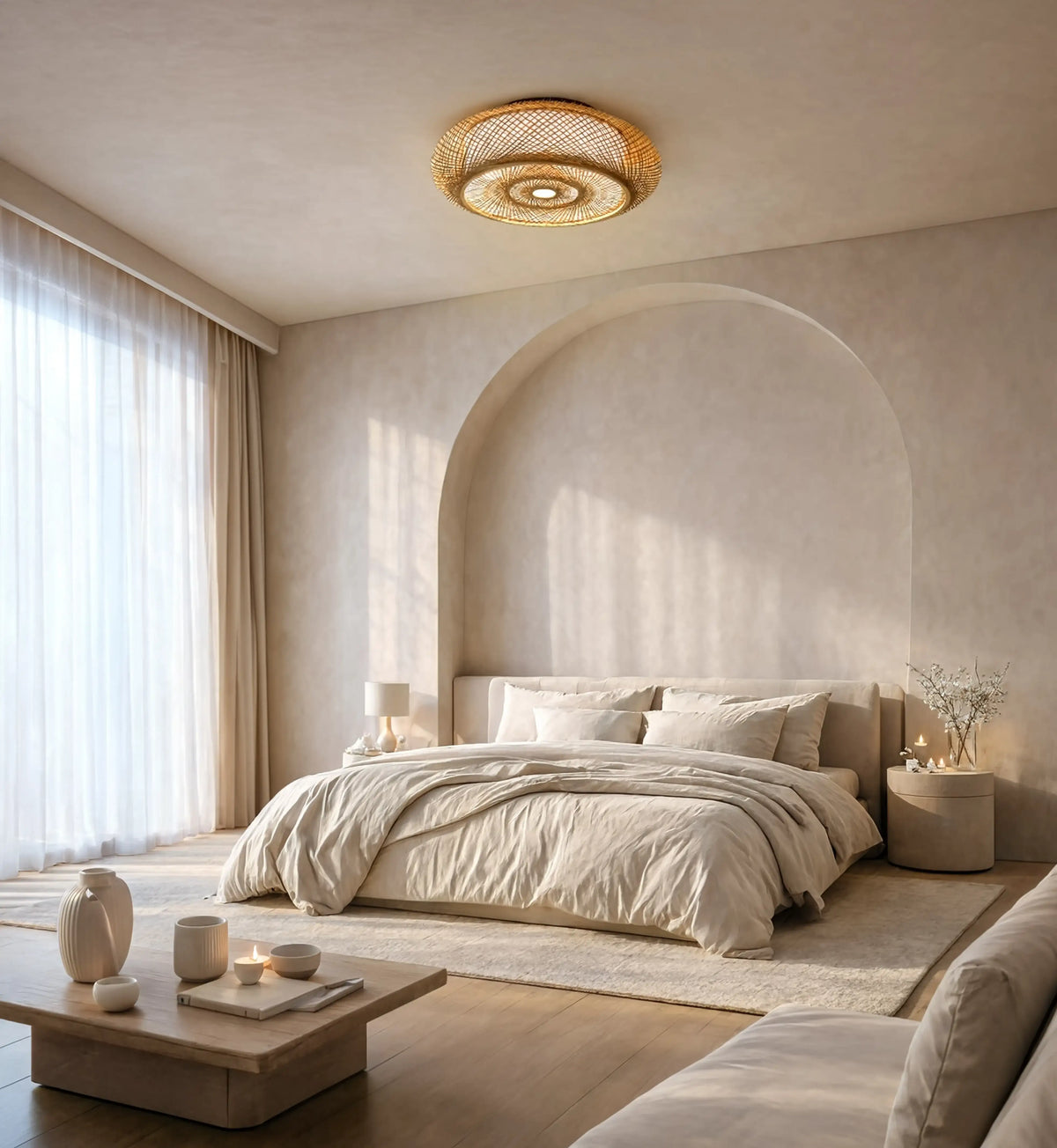 Ithaque woven rattan flush mount ceiling light with concentric circles – shown in a bedroom