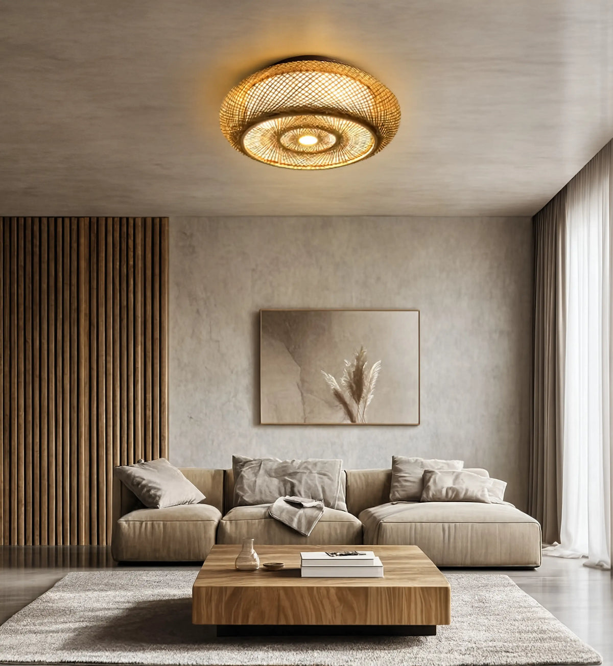 Ithaque woven rattan flush mount ceiling light with concentric circles – shown in a living room