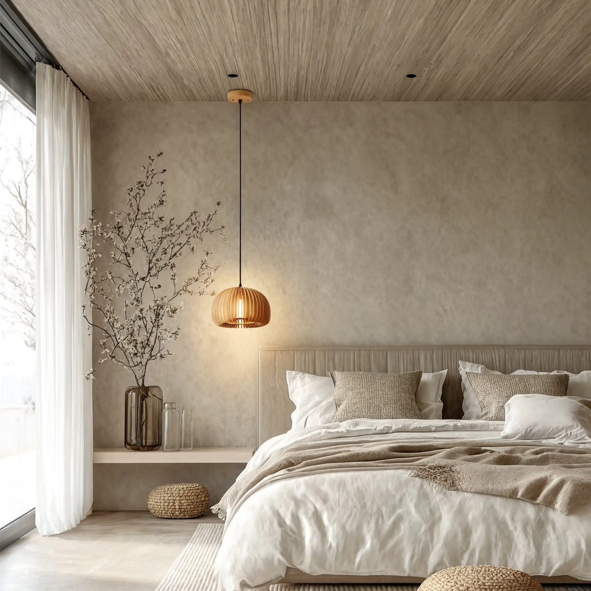 Kea rattan lantern pendant light – shown in a bedroom