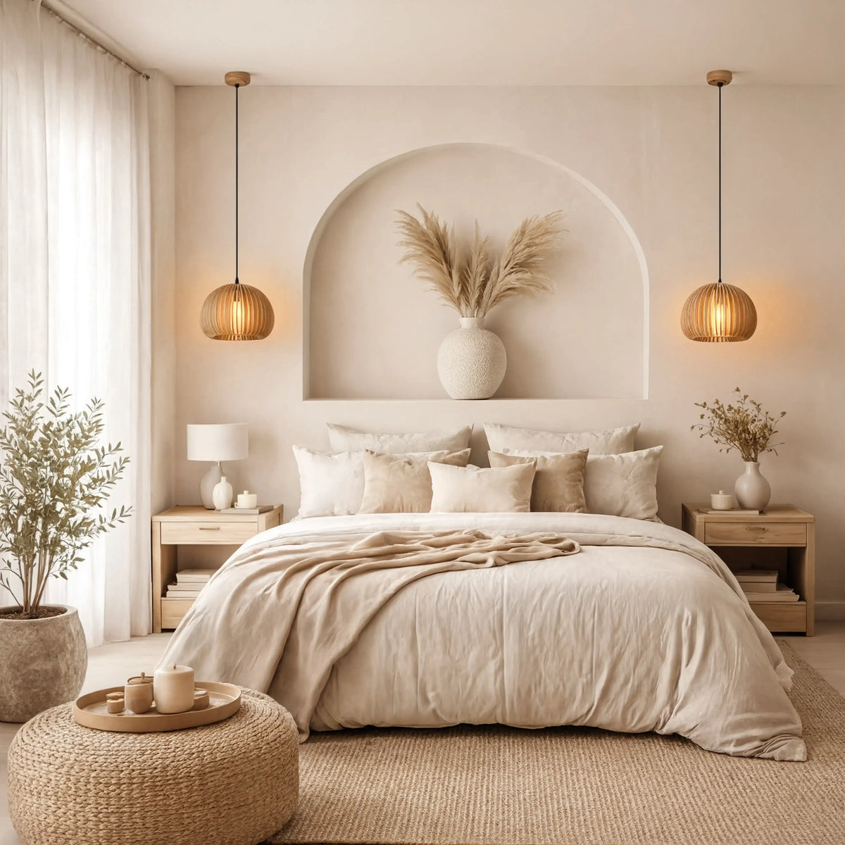 Kea rattan lantern pendant light – shown in a bedroom (2)