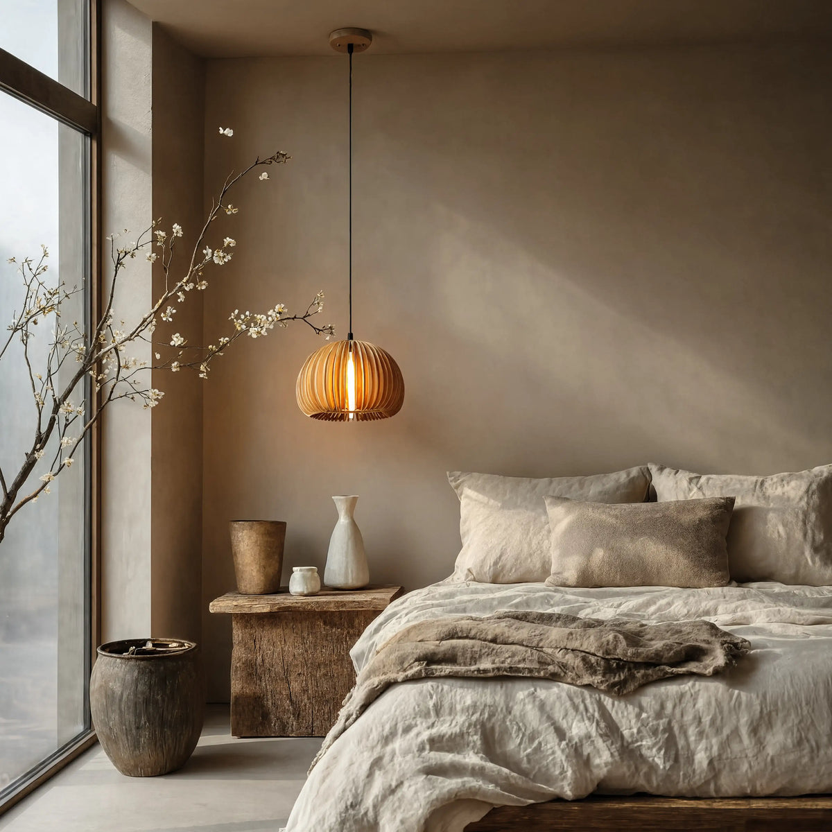 Kea rattan lantern pendant light – shown in a bedroom (4)