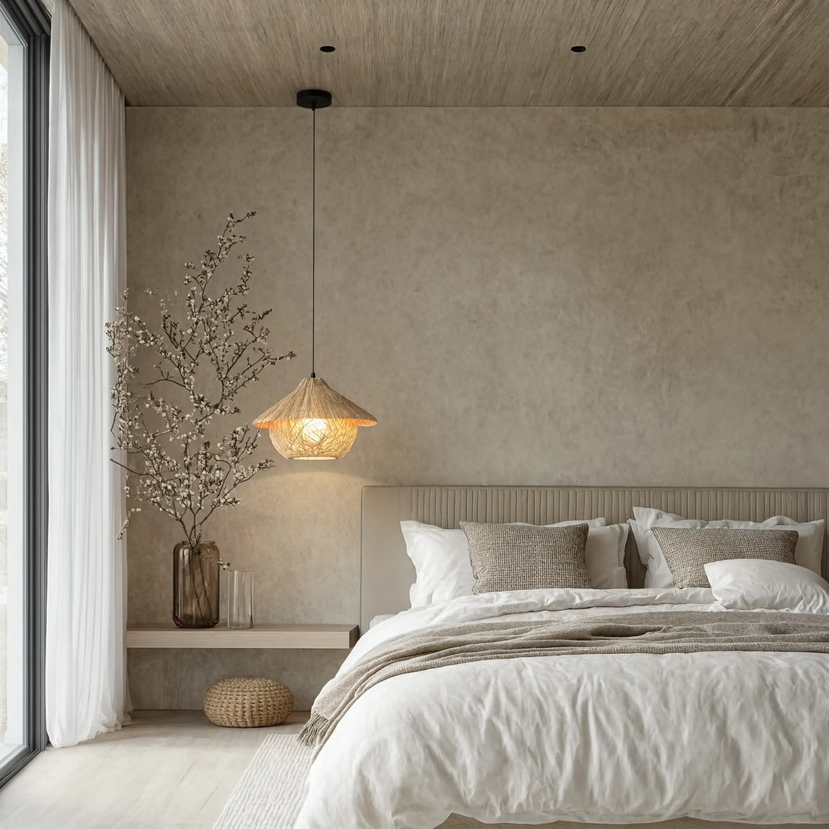 Locri boho rattan hut pendant light – shown in a bedroom