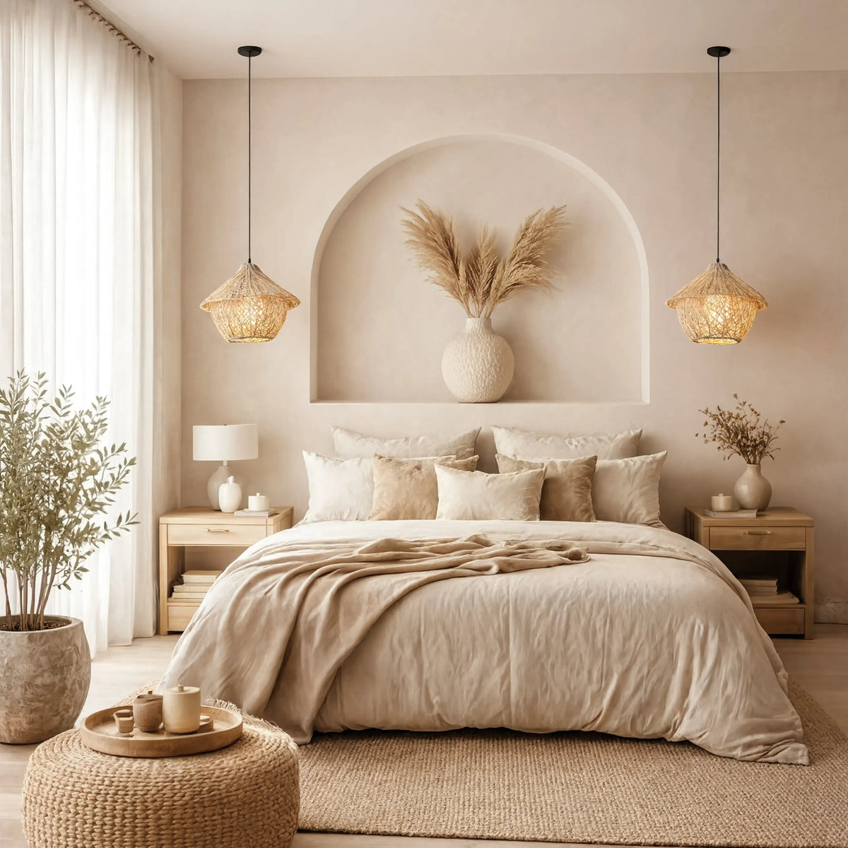 Locri boho rattan hut pendant light – shown in a bedroom (2)