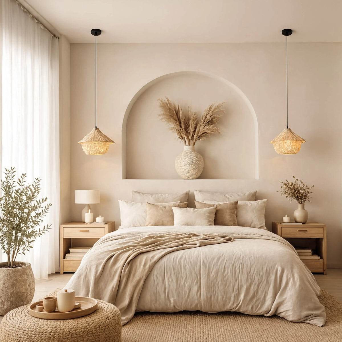 Locri boho rattan hut pendant light – shown in a bedroom (5)