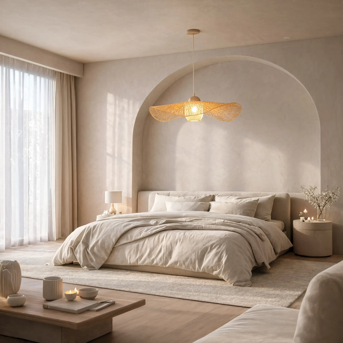 Marettimo wide-brim rattan hat pendant light – shown in a bedroom