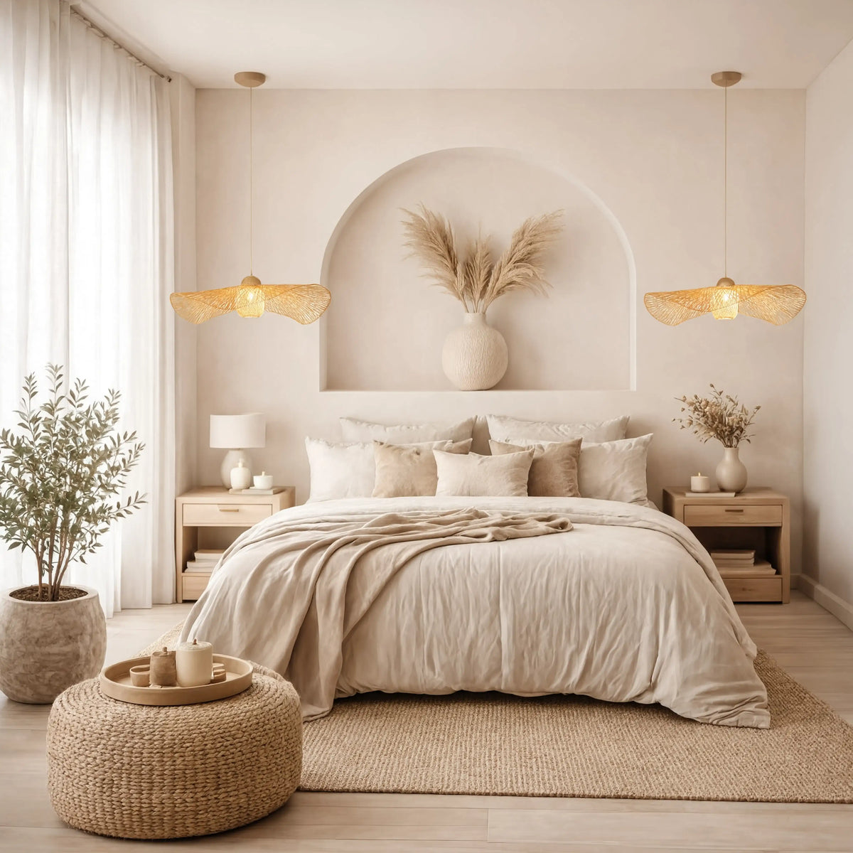 Marettimo wide-brim rattan hat pendant light – shown in a bedroom (2)