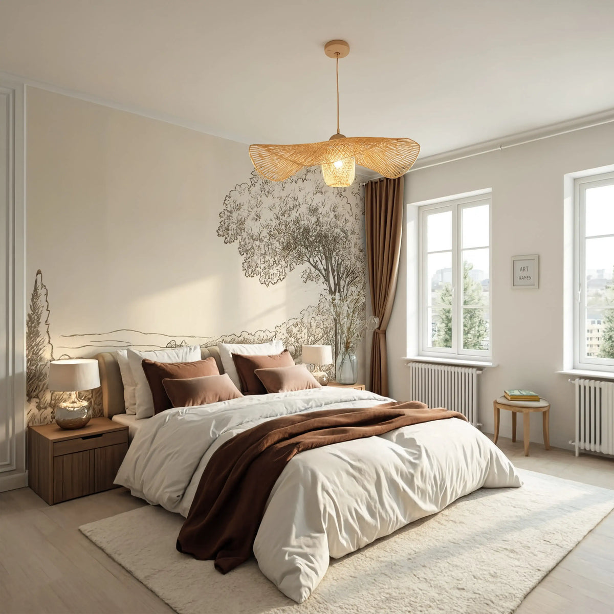 Marettimo wide-brim rattan hat pendant light – shown in a bedroom (3)