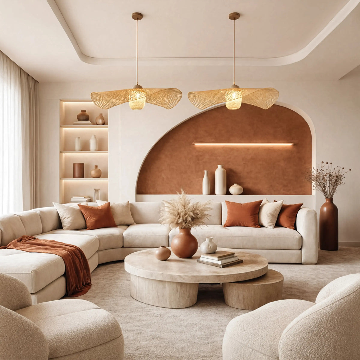 Marettimo wide-brim rattan hat pendant light – shown in a room setting (2)