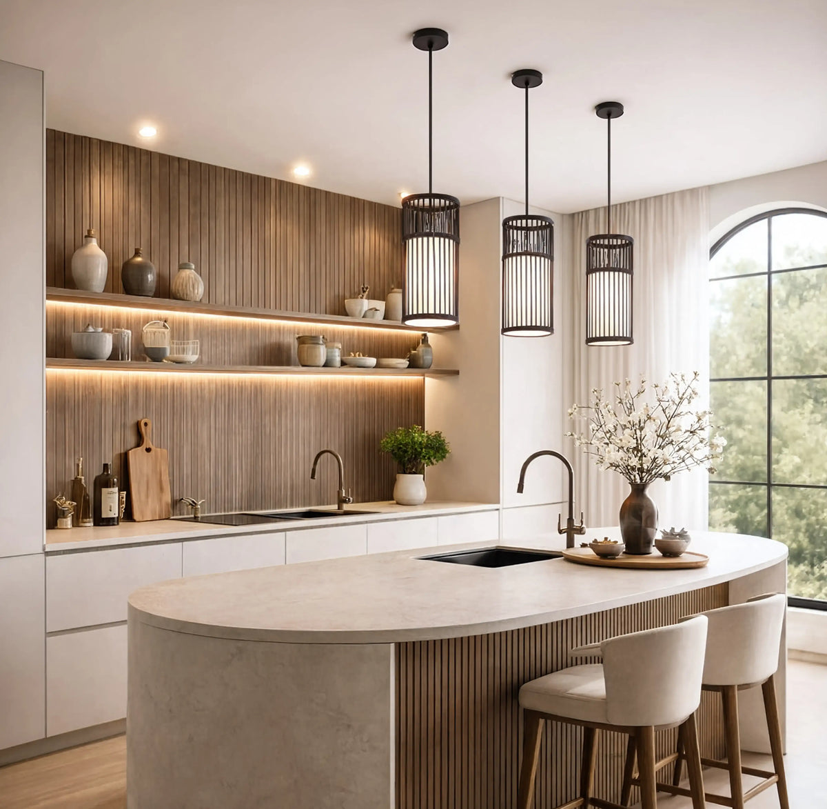 Murano slatted rattan column pendant light – shown in a kitchen (3)