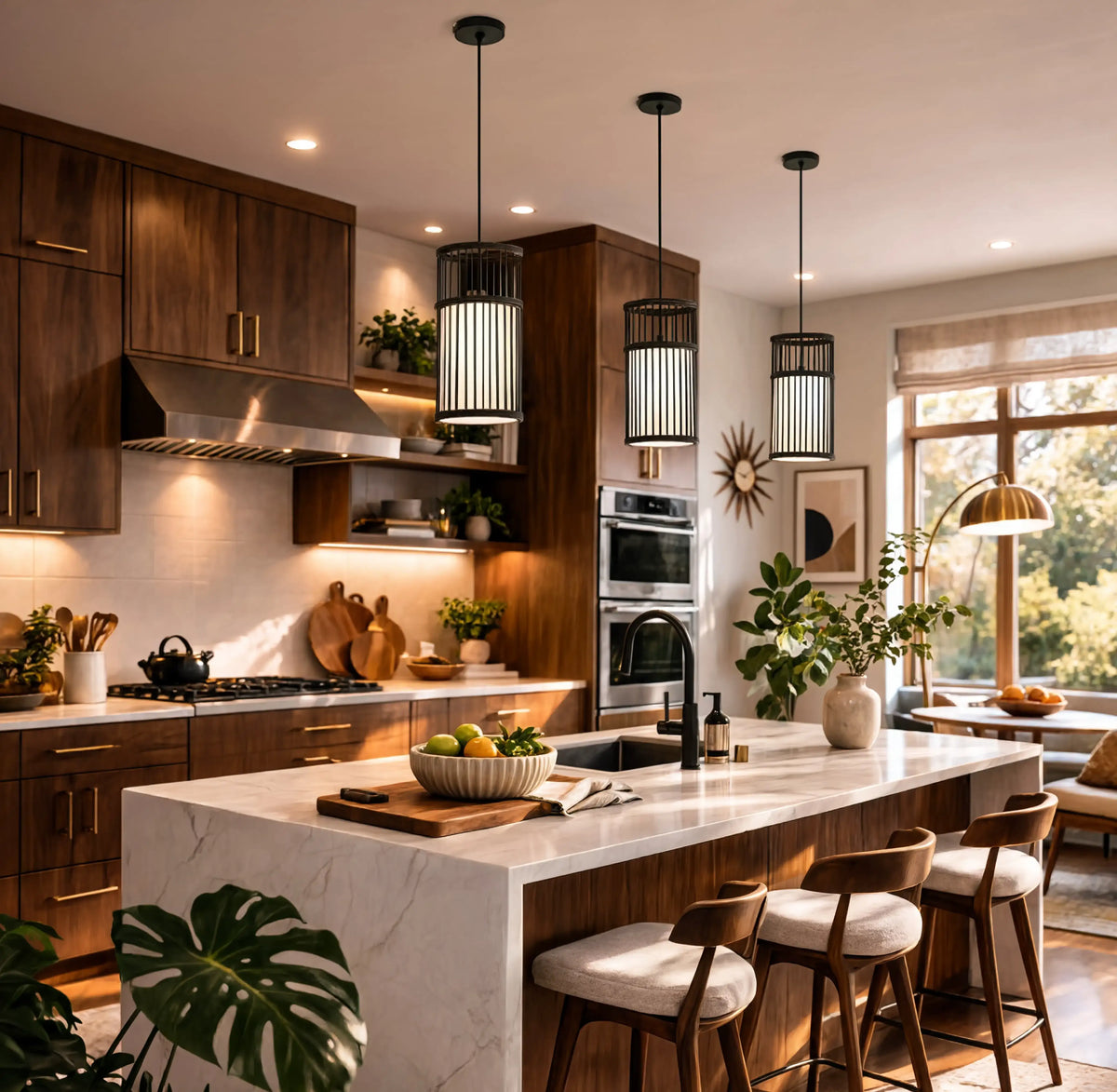 Murano slatted rattan column pendant light – shown in a kitchen
