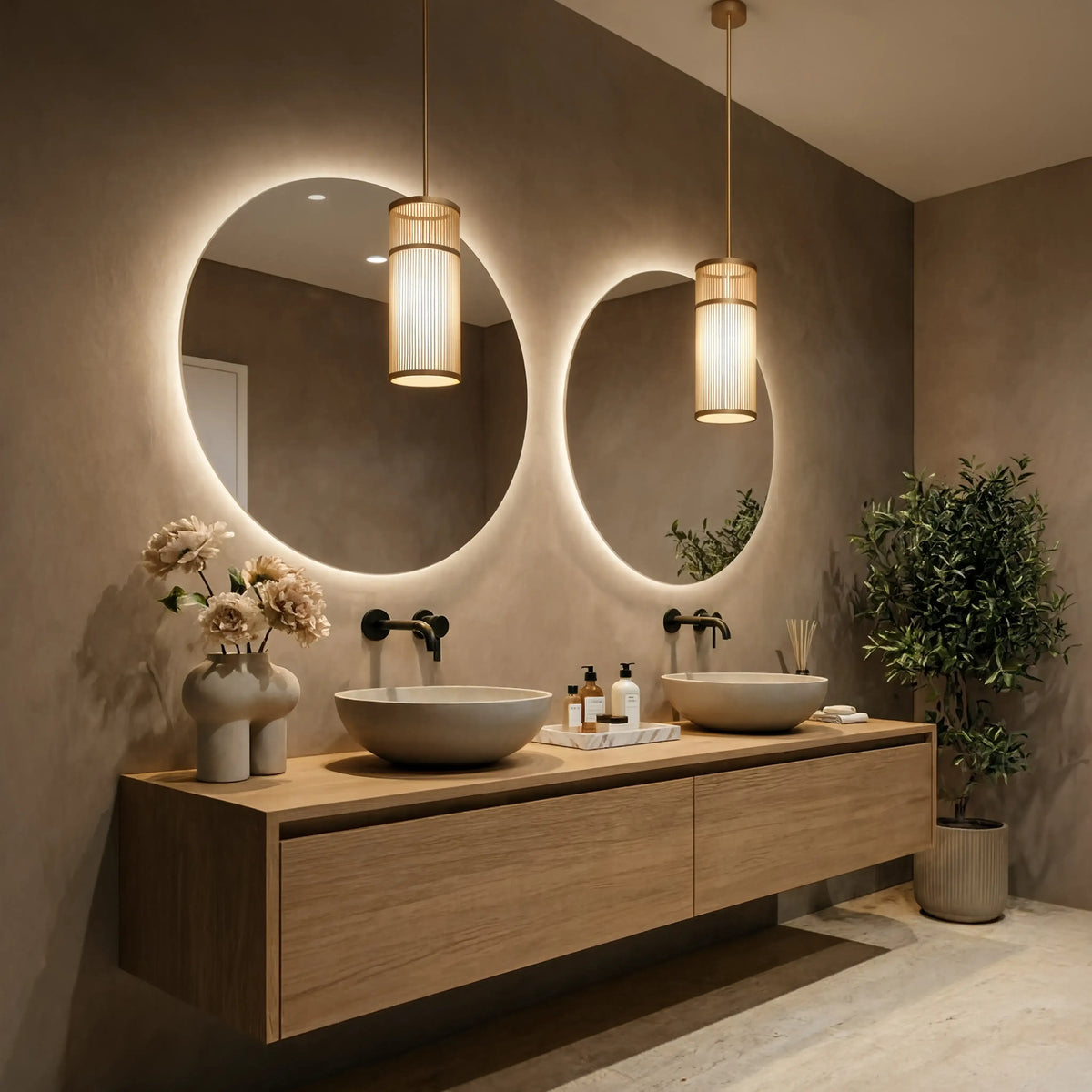 Murano slatted rattan column pendant light – shown in a bathroom