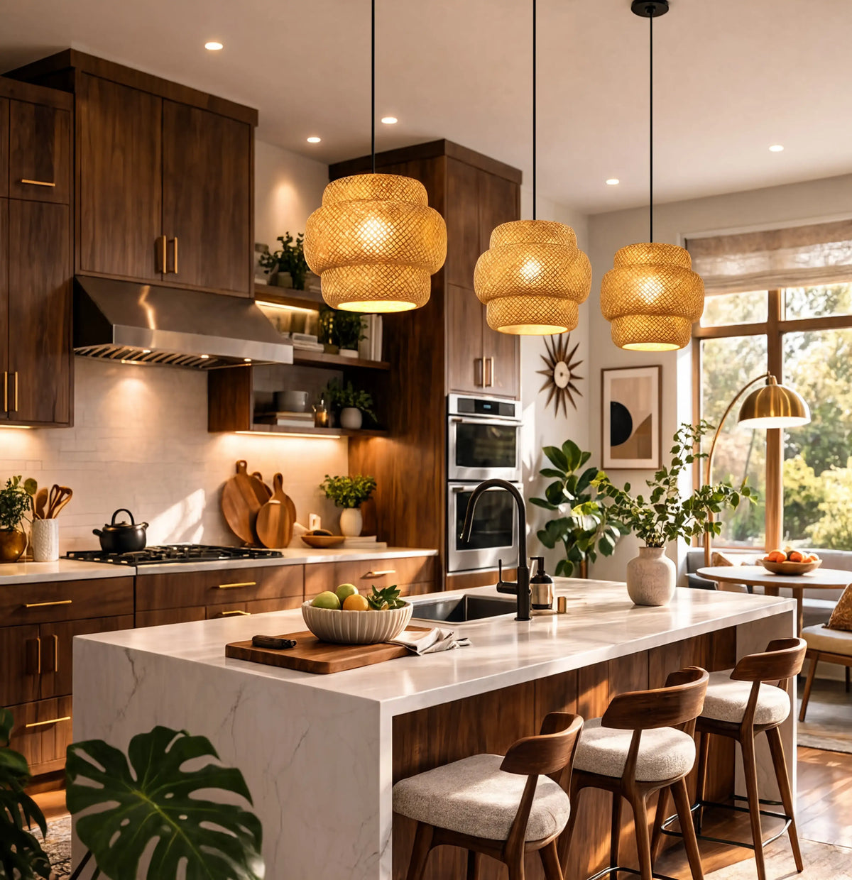 Olympia three-tier woven rattan pendant light – shown in a kitchen (2)