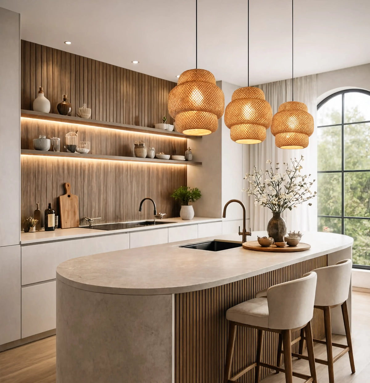 Olympia three-tier woven rattan pendant light – shown in a kitchen (3)