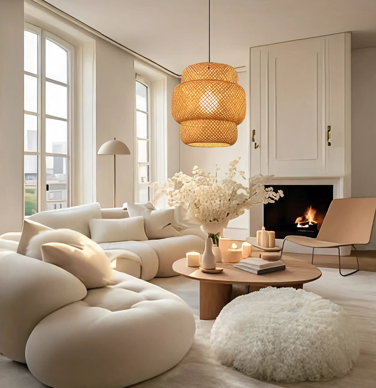 Olympia three-tier woven rattan pendant light – shown in a room setting
