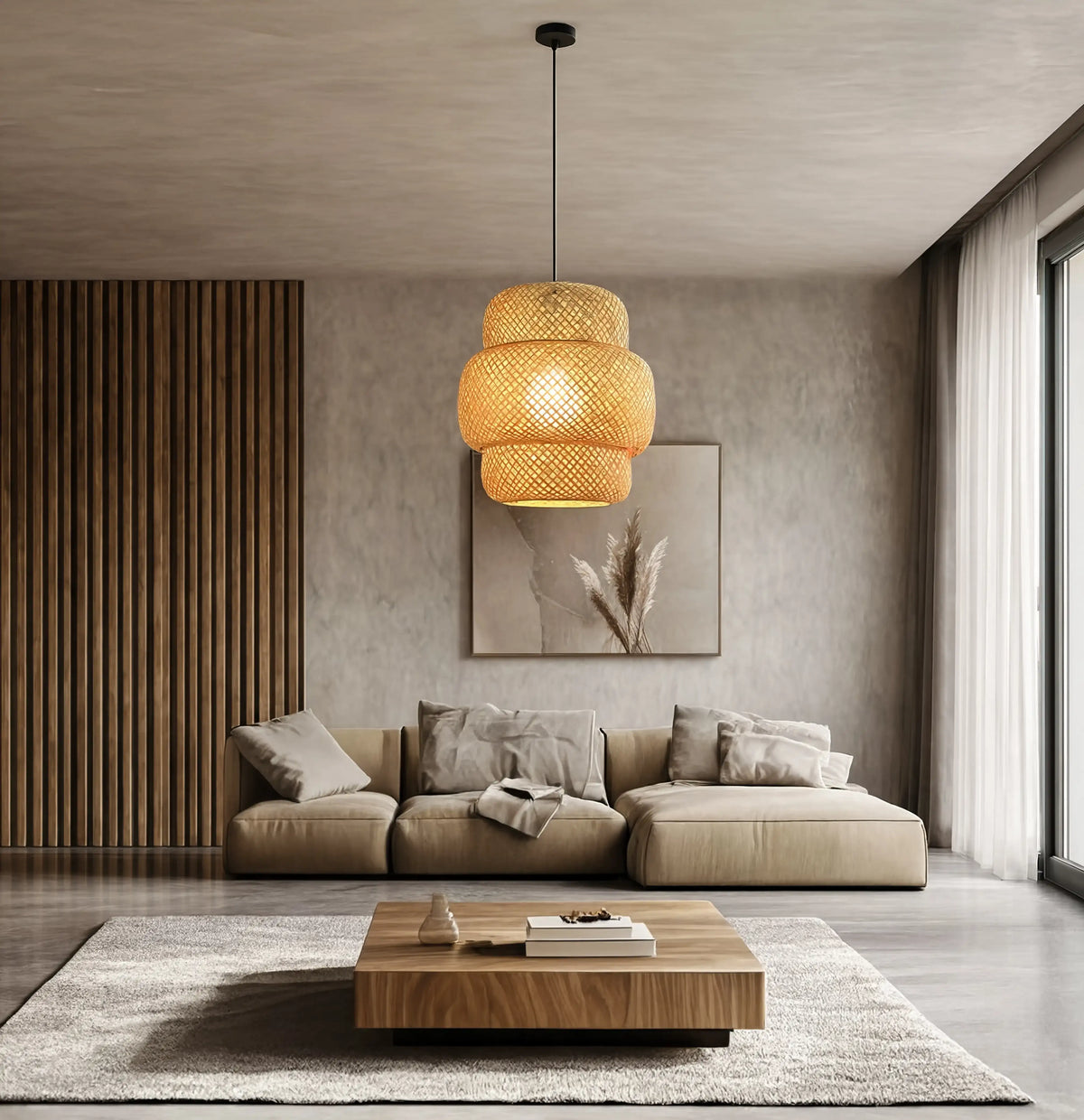 Olympia three-tier woven rattan pendant light – shown in a room setting (4)