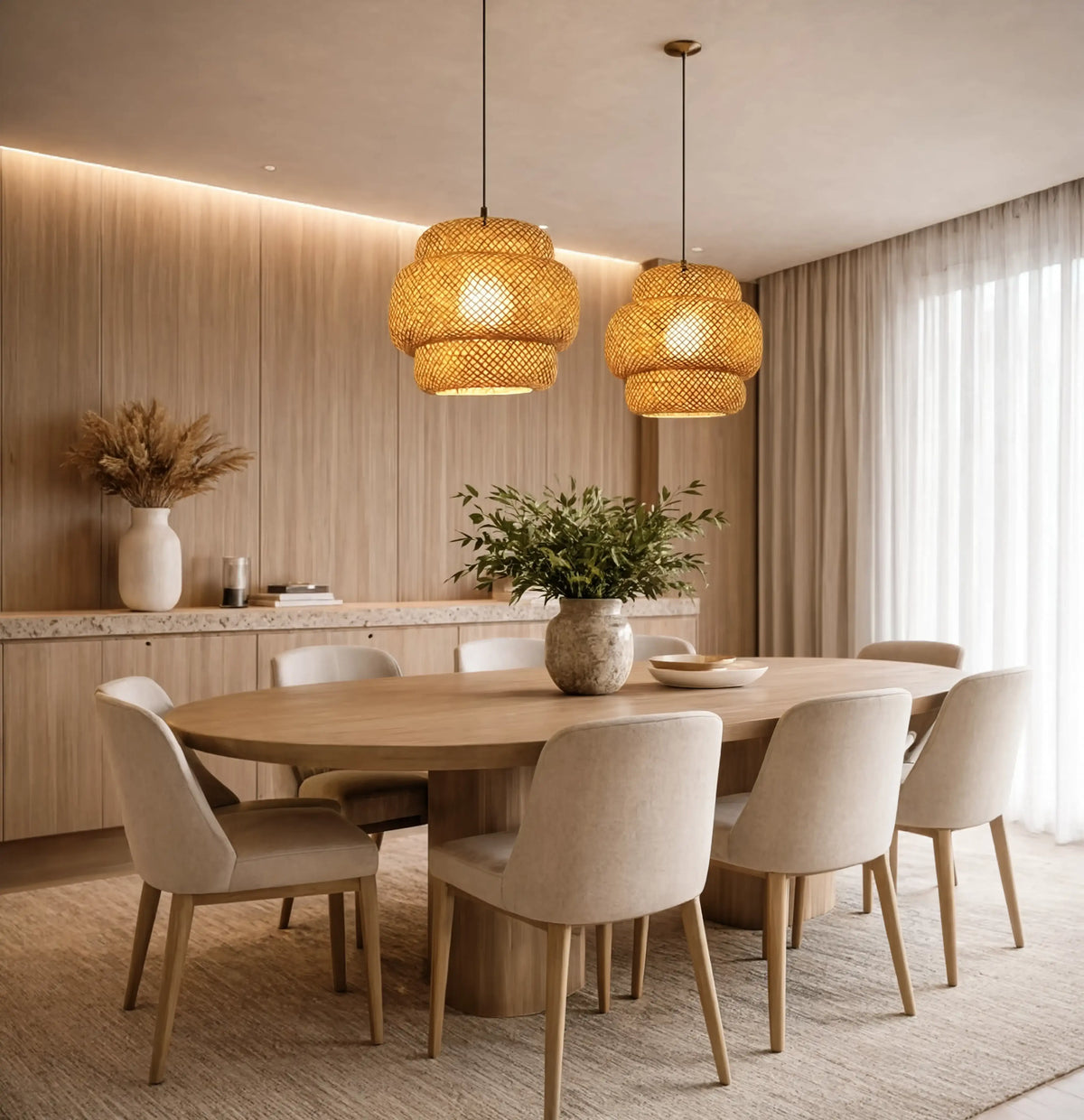 Olympia three-tier woven rattan pendant light – shown in a room setting (5)