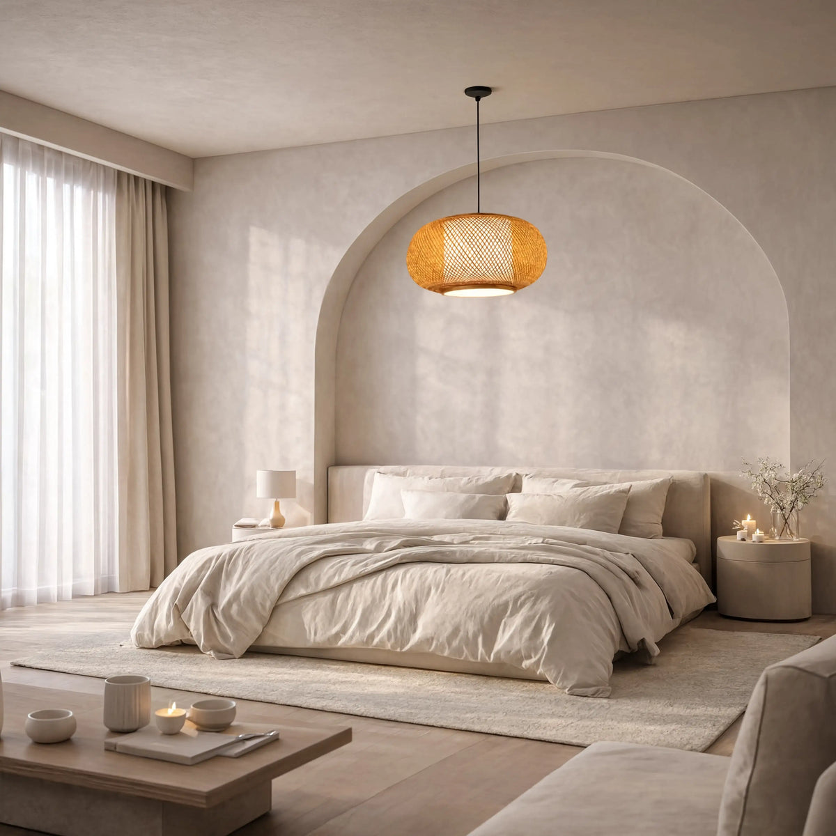 Paros openwork oval rattan pendant light – shown in a bedroom (2)